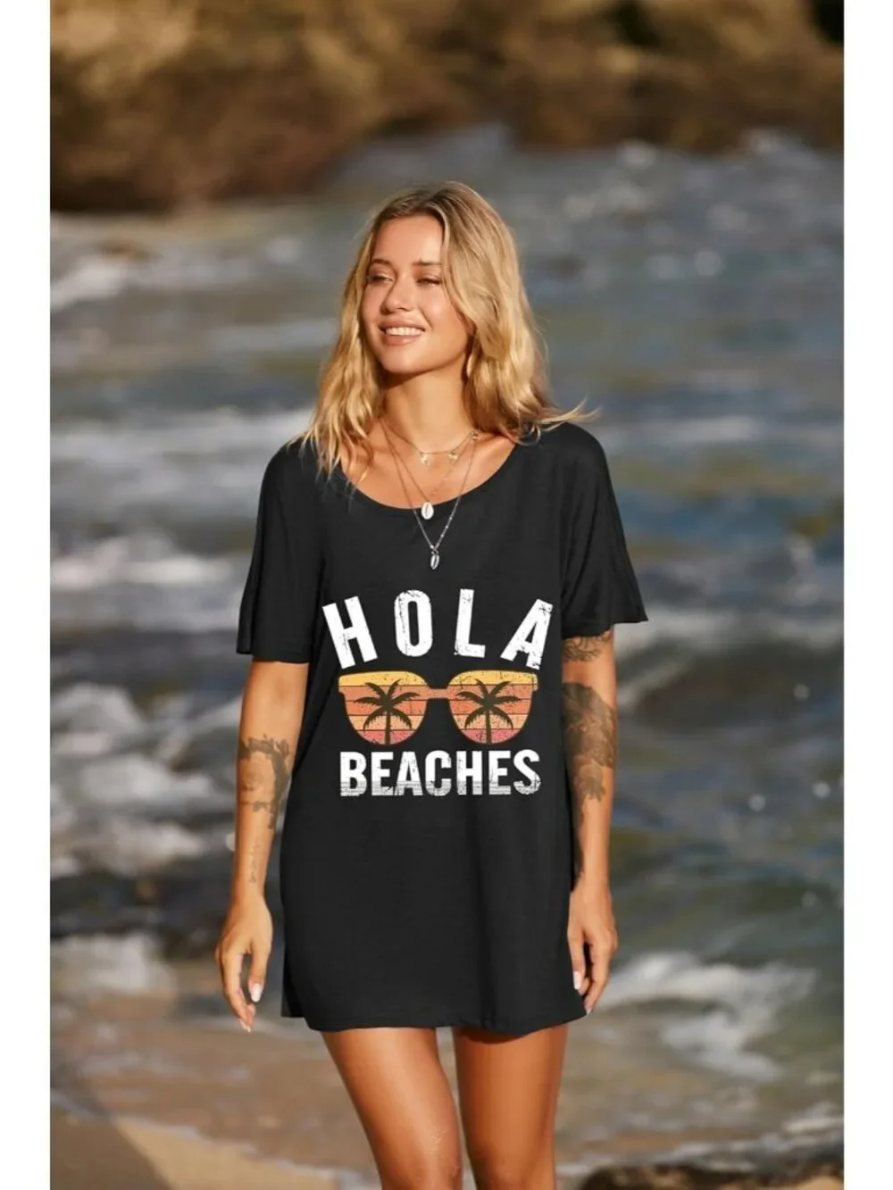 Women's Black Hola Short Sleeve Cover Ups for Beach Bathing Suit Swimwear